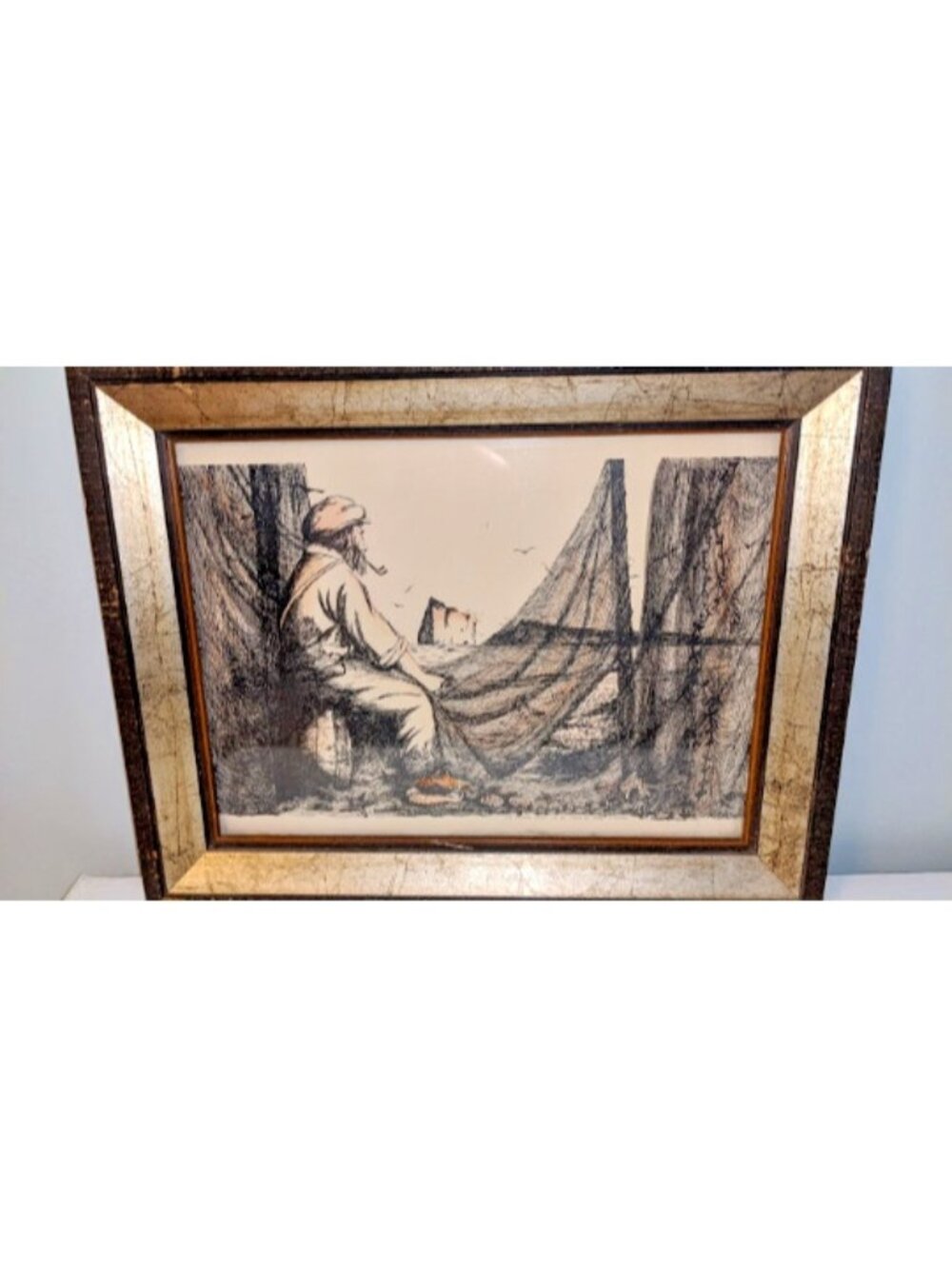 Vintage Wood Framed Artist Signed Monochrome Drawing -  Fisherman @ North Cove